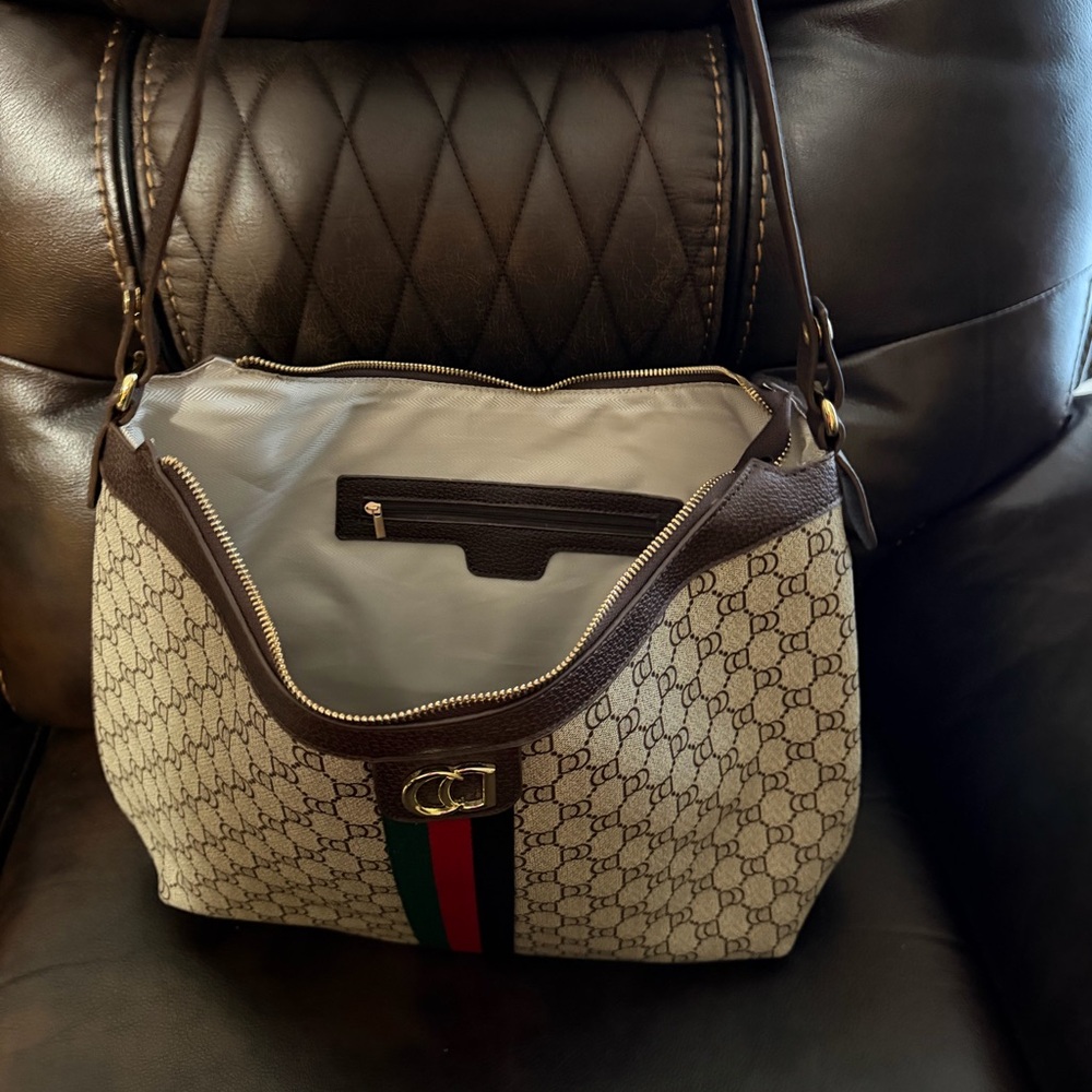 Designer Brown and Green Patterned Shoulder Bag - New - Picture 6 of 9